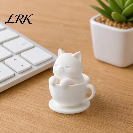Cute Cat Cup Ornament 3D Printed Teacup Figurine, Mini Animal Statue Healing Decor Ornament, Smooth Kitten Figurine White Desktop Sculpture