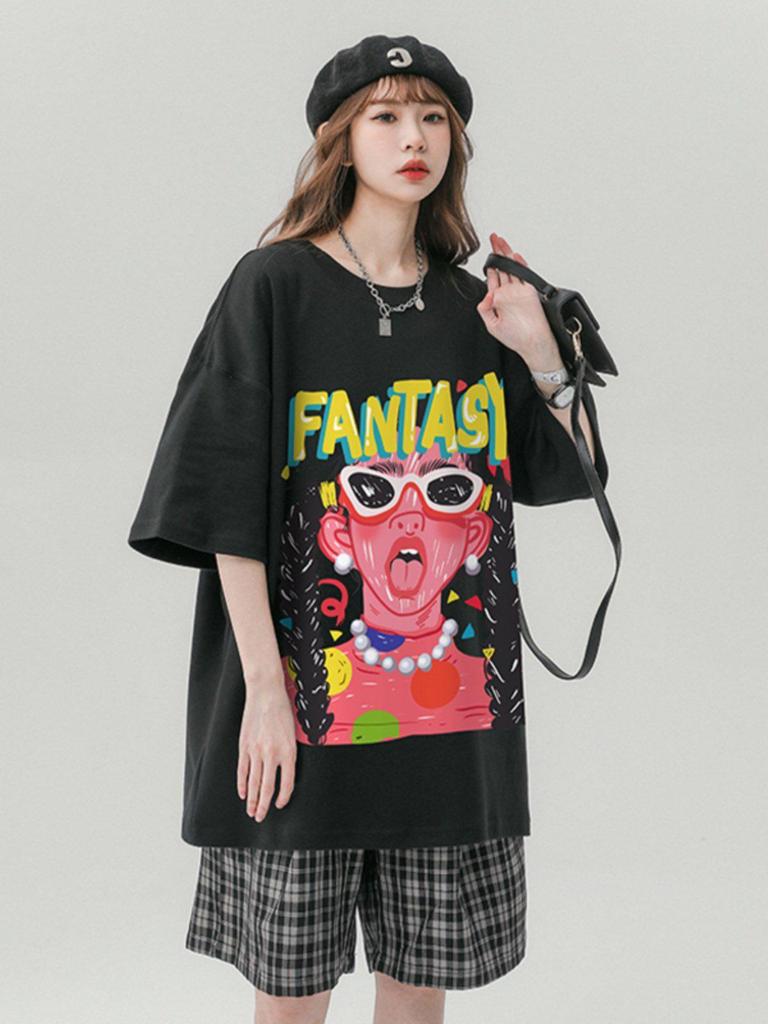 Unisex Retro Graffiti Print Loose-fit Cotton T-shirt - Plus Size Available