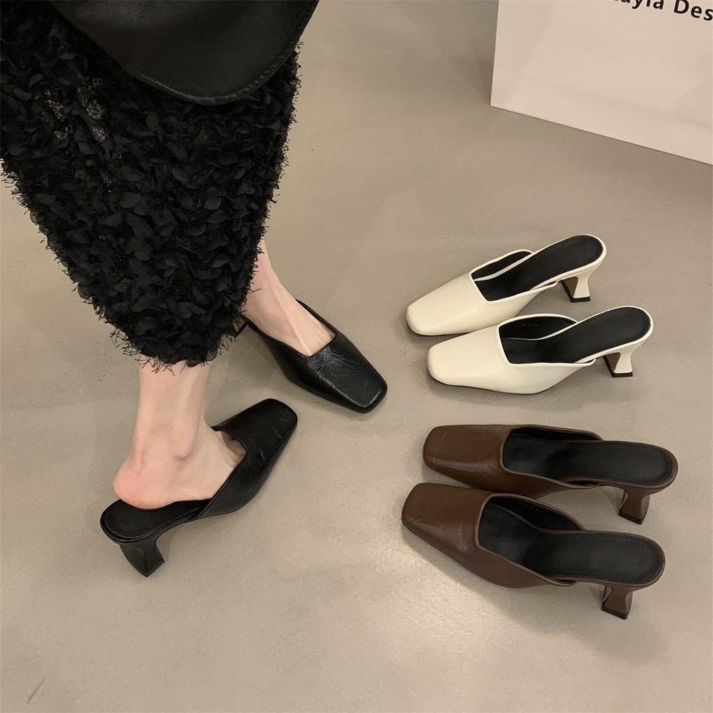 Temperament high-heeled bag head half slippers outer wear women's shoes spring and summer 2025 new thick heel not tired feet shallow mouth single sho