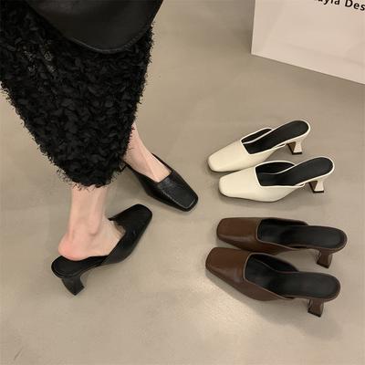 Temperament High-heeled Bag Head Half Slippers Outer Wear Women's Shoes Spring and Summer 2025 New Thick Heel Not Tired Feet Shallow Mouth Single Sho