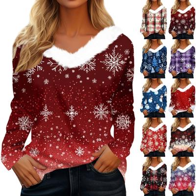 Women's T Shirt Tee Christmas Shirt Long Sleeve Party Christmas Fleece Collar V Neck  Top