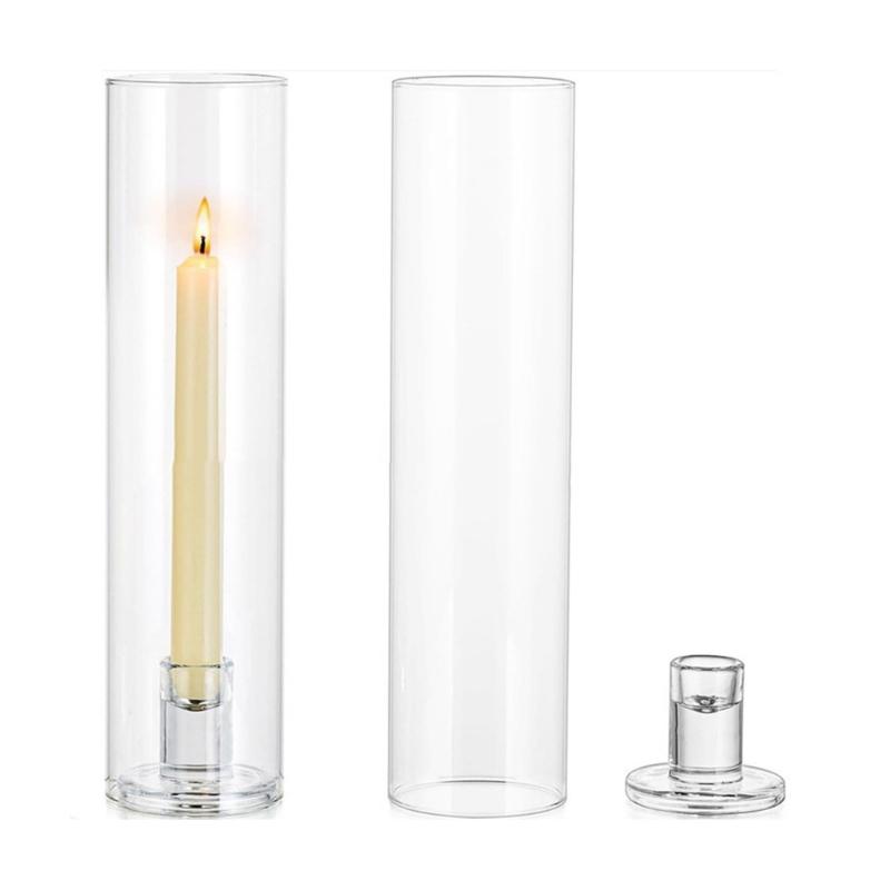 2Pcs Clear Straight Tube Glass Taper Candle Holders Windproof Structure Stable Flame For Garden Patios Event Home Decors