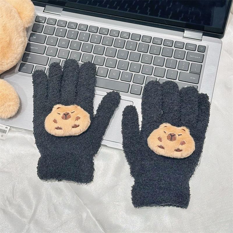 Cute Capybara Gloves Plush Coral Fleece Cold-Proof Gloves Five-Finger Gloves Student Winter Warmer Gloves Girly Christmas Gifts