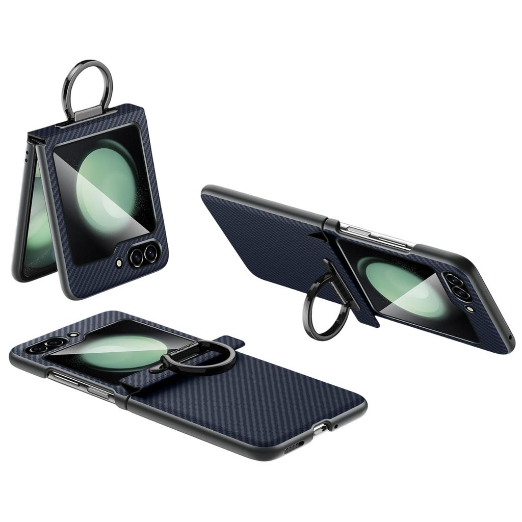 SULADA For Samsung Galaxy Z Flip5 5G Case with Ring Kickstand Magnetic Closure Leather PC Phone Cover Carbon Fiber Texture