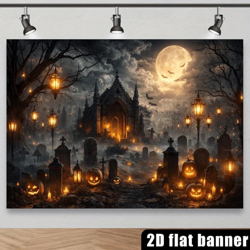 2D Planar Halloween-themed Background Fabric, Featuring Gothic Spired Castle, Full Moon, Dark Clouds, Bats, Tombstones,z