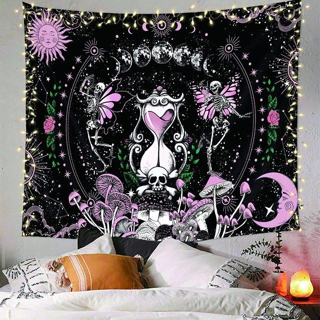 Skull Floral Tapestry Wall Haning Trippy Art Mushroom Skeleton Gothic Home Decor Garden Aesthetic Tapestries For Bedroom Blanket