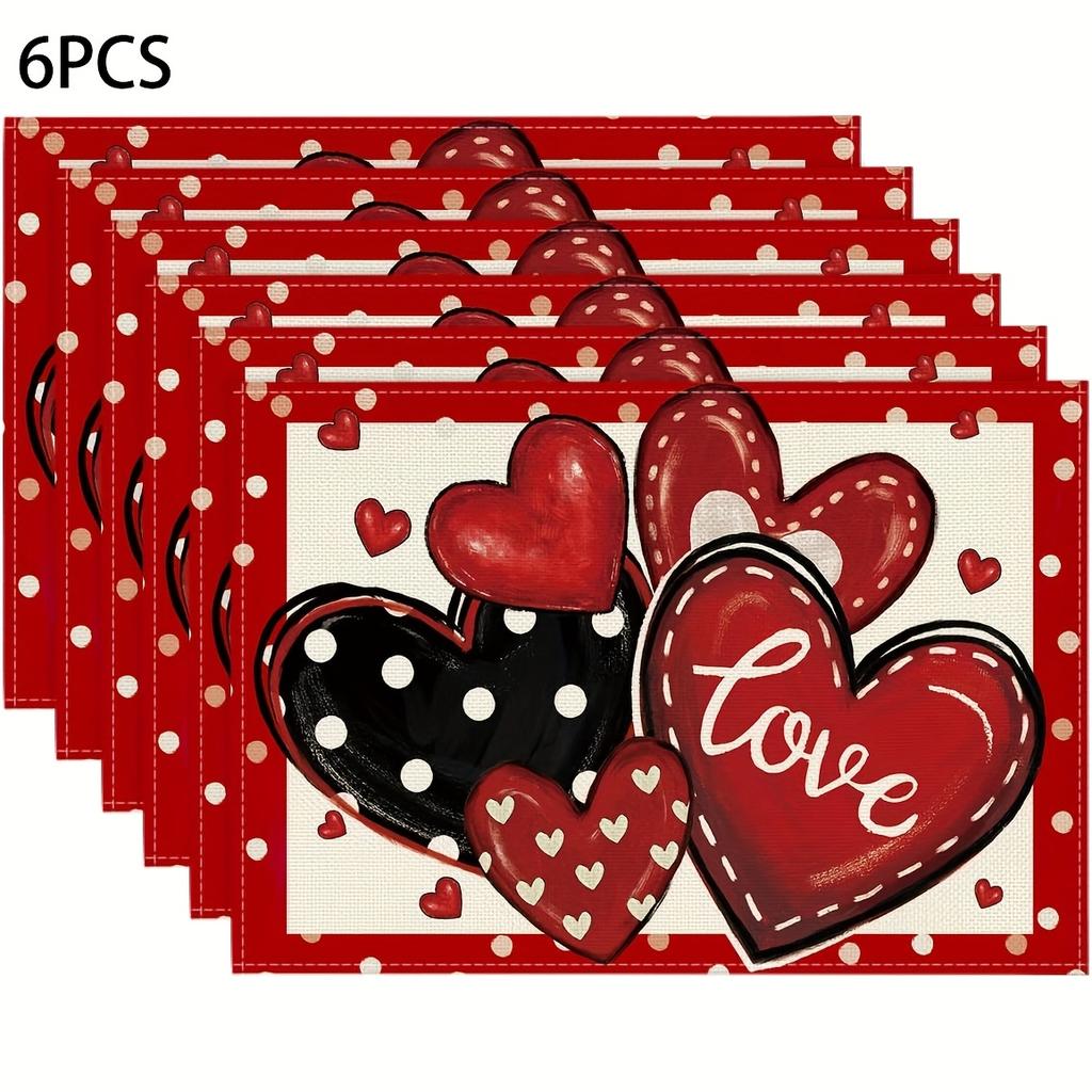 [Romantic Heart Placemats] 4/6/8pcs Heart-Shaped Red & Polka Dot Placemats | Machine-Washable Polyester, Rectangular Table Mats for Valentine's Day