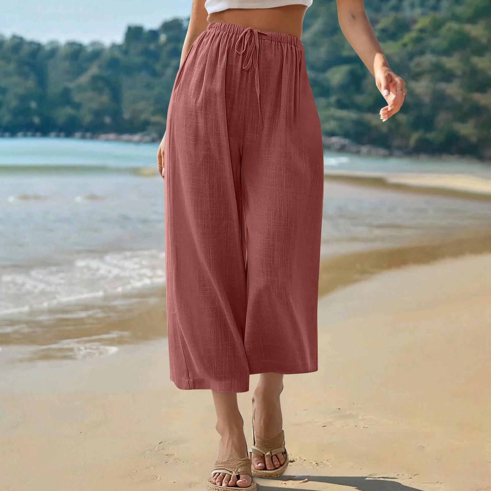 

Капри брюки для женщин хлопок лен повседневные летние прямые широкие свободные завязывающиеся на резинке на талии укороченные брюки S