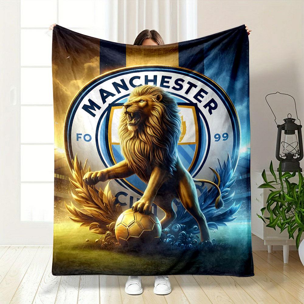 A Lion Standing On a Golden Soccer Ball with a Circular Emblem Backdrop. for All Seasons Blanket Lunch Break Throw Gift