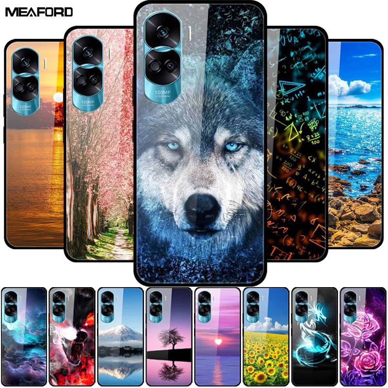 For Honor 90 Lite Case Honor90 Pro 5G Wolf Cats Tempered Glass Hard Covers for HuaWei HONOR 90 Pro 90Lite Protective Luxury Capa