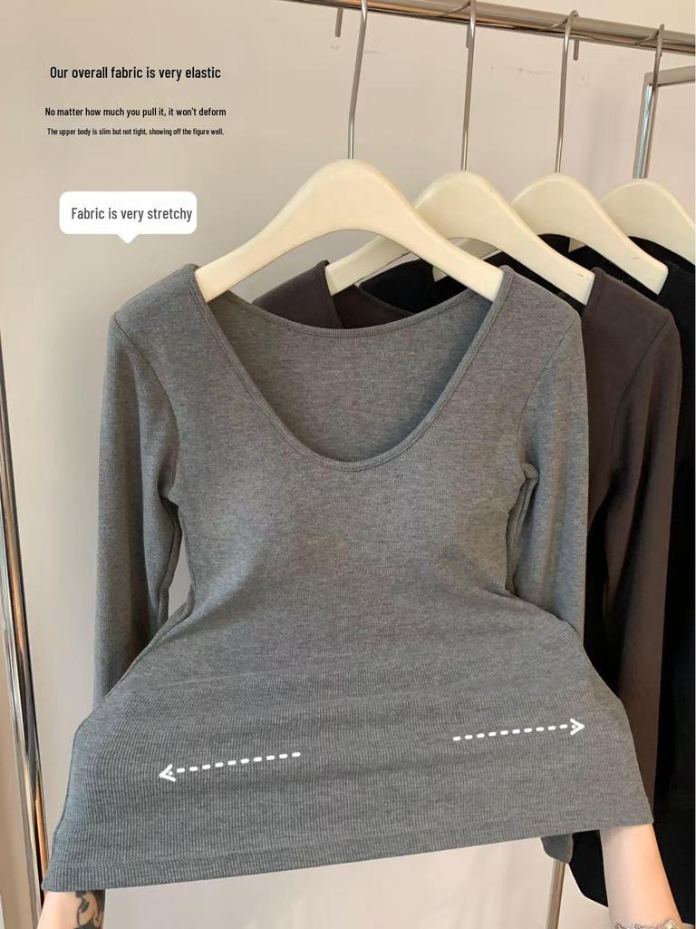 Women's Warm U-Neck Pearl Velvet Ribbed Base Layer Top - Autumn/Winter Style