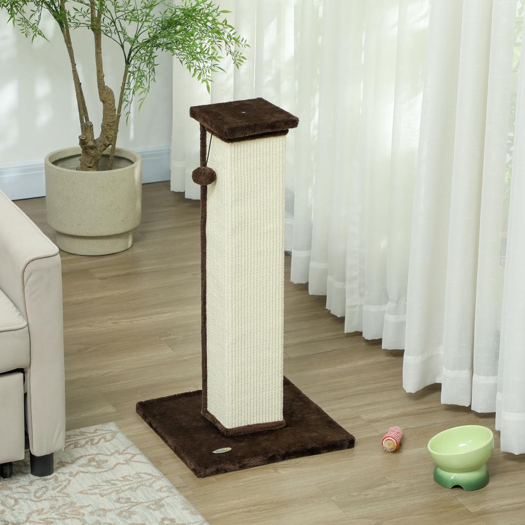 81cm Cat Scratcher, Vertical Full Scratcher w/ Natural Sisal Rope, Hanging Ball, Soft Plush - Brown