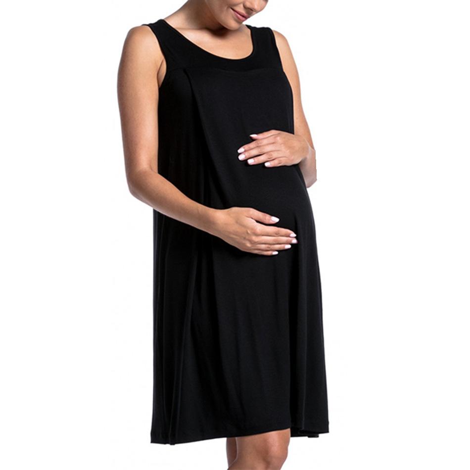 Women's Sleeveless Round Neck Maternity Nursing Dress Loose A Line Midi Pregnancy Nightgown