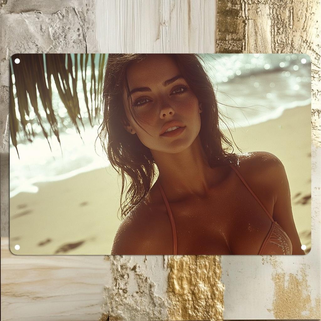 PC Gold Palm Tree Retro Bikini Woman Beach Wallpaper Vintage Metal Sign for Home Decor Bedroom