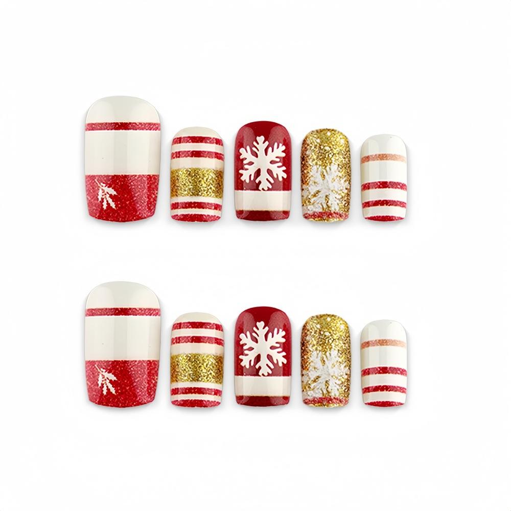 Weihnachts-Kurz-Quadrat-Tragbare Nägel Rot und Weiß Zuckerstange Gold-Glitzer Schneeflocke Weihnachts-Maniküre Abnehmbare Falsche Nägel