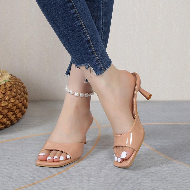 Patent leather high-heeled cool slippers women's summer new square-heeled thin-heeled plus-size women's slippers