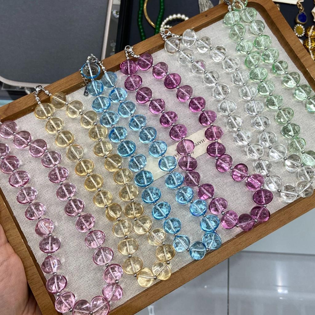 Blogger With The Same Color Dopamine Color Pink Beaded Necklace Female Fashion High Sense Ice Transparent Clavicle Chain