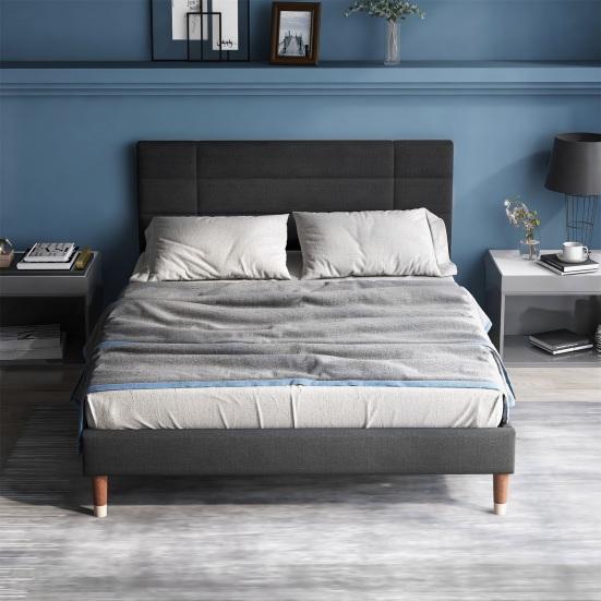 Solid Wood Slatted Frame Bed Upholstered Bed Double with Frame 140x200cm Flat Headboard for Adults & Young People (Mattress Not Included) Children