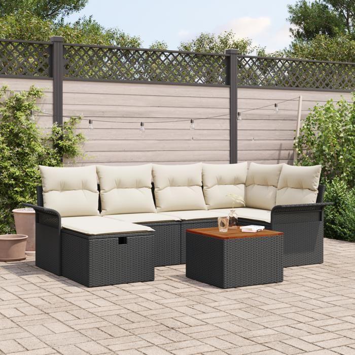 Ensemble de Canapé de Jardin 7 Pièces en Rotin Noir, Canapé de Jardin 2 Places avec Rangement &amp; Coussins en Rotin Noir 3360785