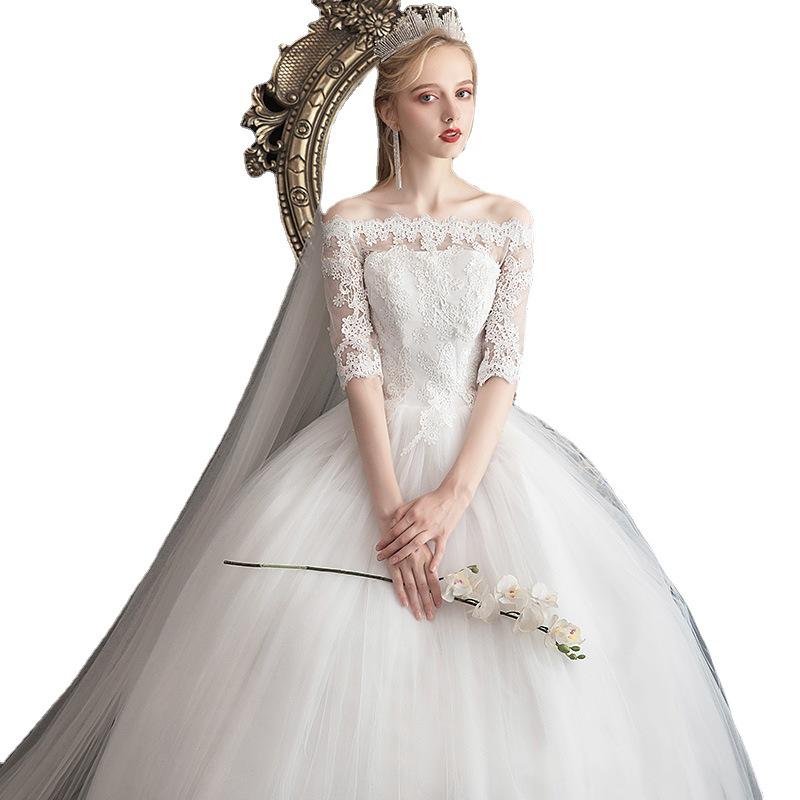2025 Simple Korean Off-Shoulder Mid-Sleeve Plus Size Bridal Dress for Spring/Summer