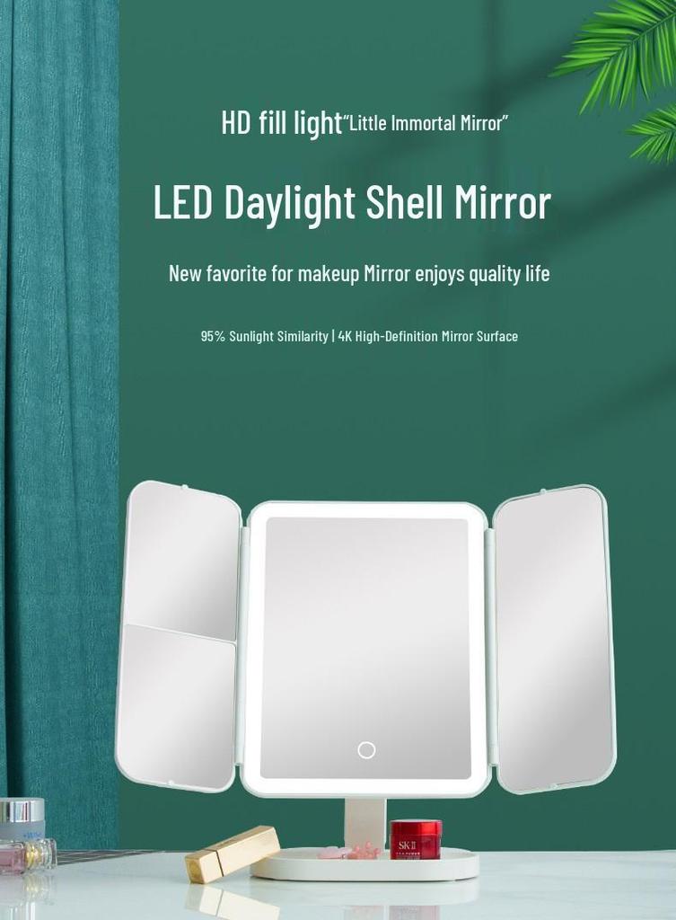 Multifunktionaler LED-Kosmetikspiegel mit Licht für Schlafzimmer oder Wohnheim, faltbares Design mit Aufbewahrung