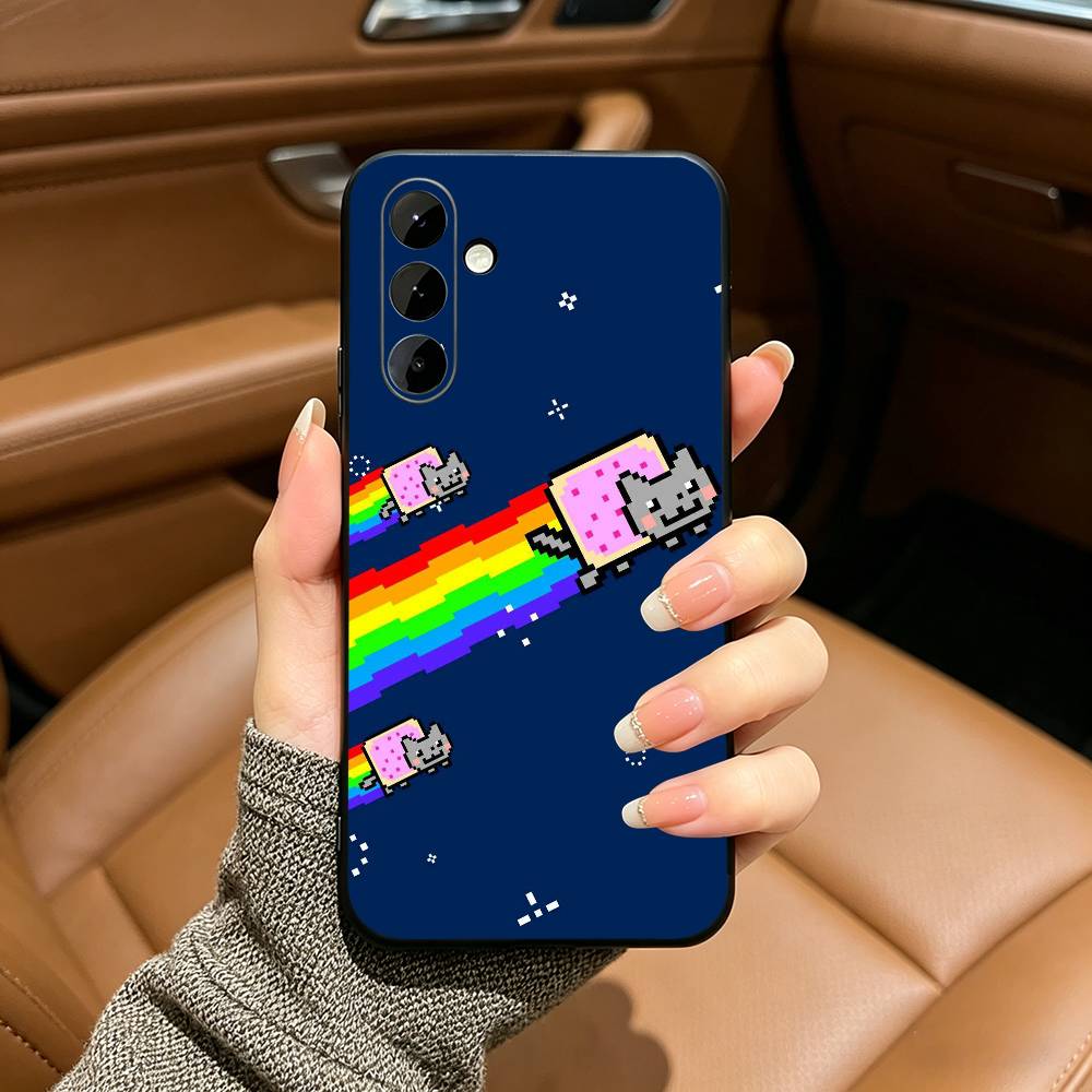 Cute N-Nyan -C-Cat Phone Case For Samsung Galaxy A73,A71 A72,A70,A53,A52,A51,Soft Silicone Black Cover