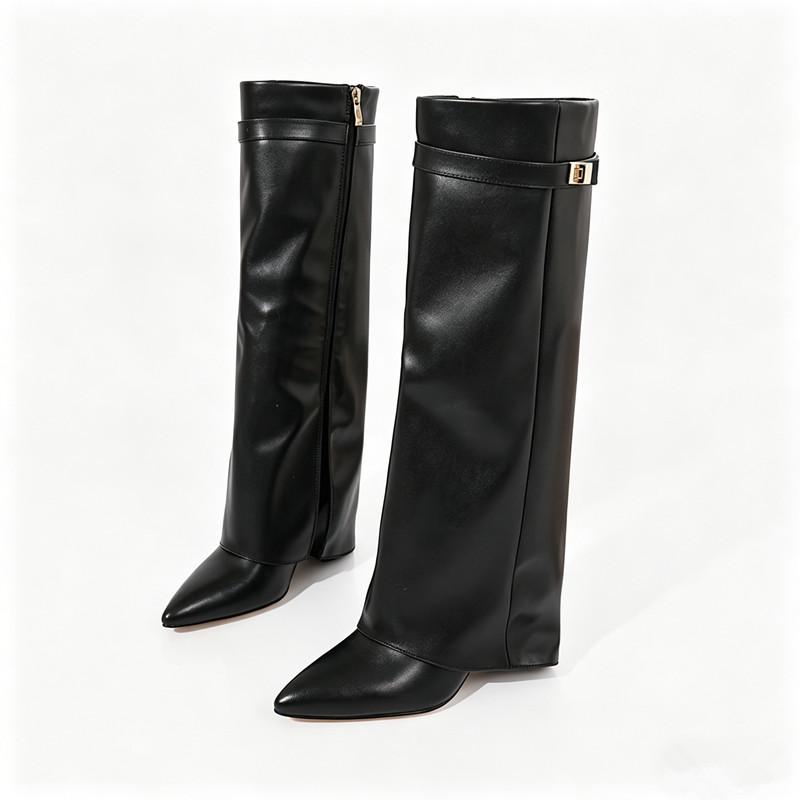 Women`s Black Leather & Suede Fold-Over