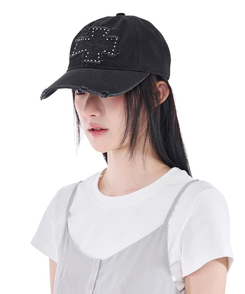 Alkialka Distressed Patch Ball Cap (Black Denim)