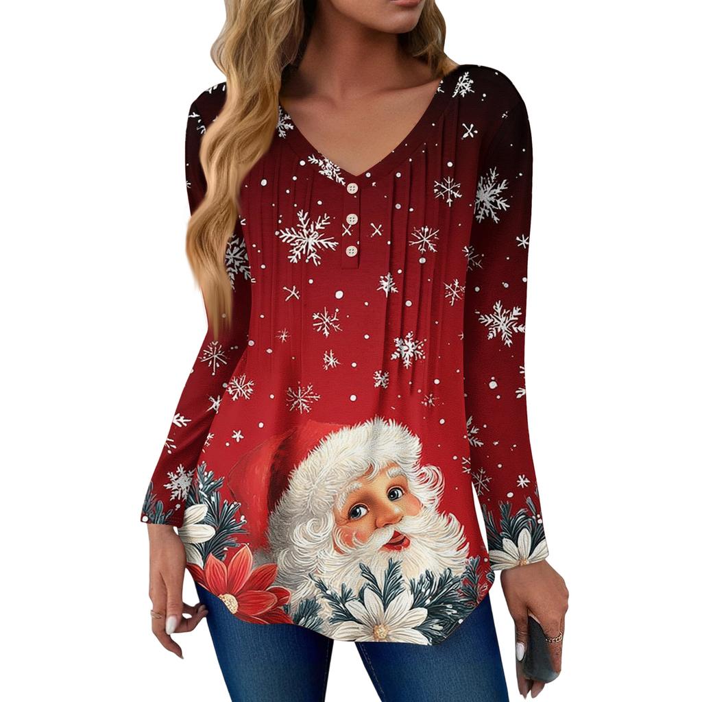 Women's Fashion Casual Christmas Tree Print V-Neck Decorative Button Long Sleeve T-Shirt Top