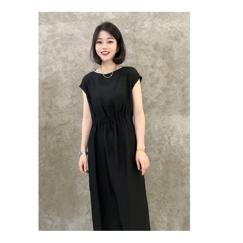 

French style High Fixed Long Guest dresses! Temperament Women Word Big Neckline over the Knee Beads Poplin Yarn Solid Dress Black 3XL