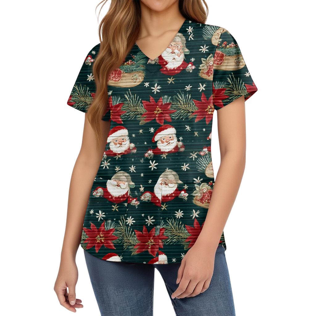 Women's Fashion V-Neck Short Sleeve Overalls With Pockets Christmas Printed Tops  Clothes