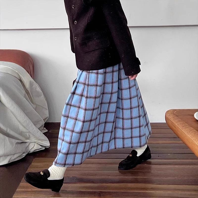Women's Elegant High-Waist Blue Plaid A-Line Skirt - Retro Academy Style for Autumn/Winter