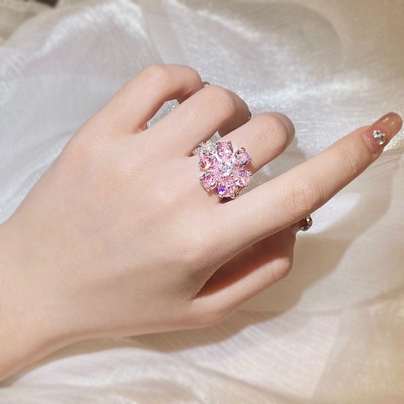 Horký - Lehký luxusní růžový prsten se zirkony ve tvaru srdce pro ženy, Sladký třpytivý růžový diamantový květinový prsten Šperk Módní doplněk