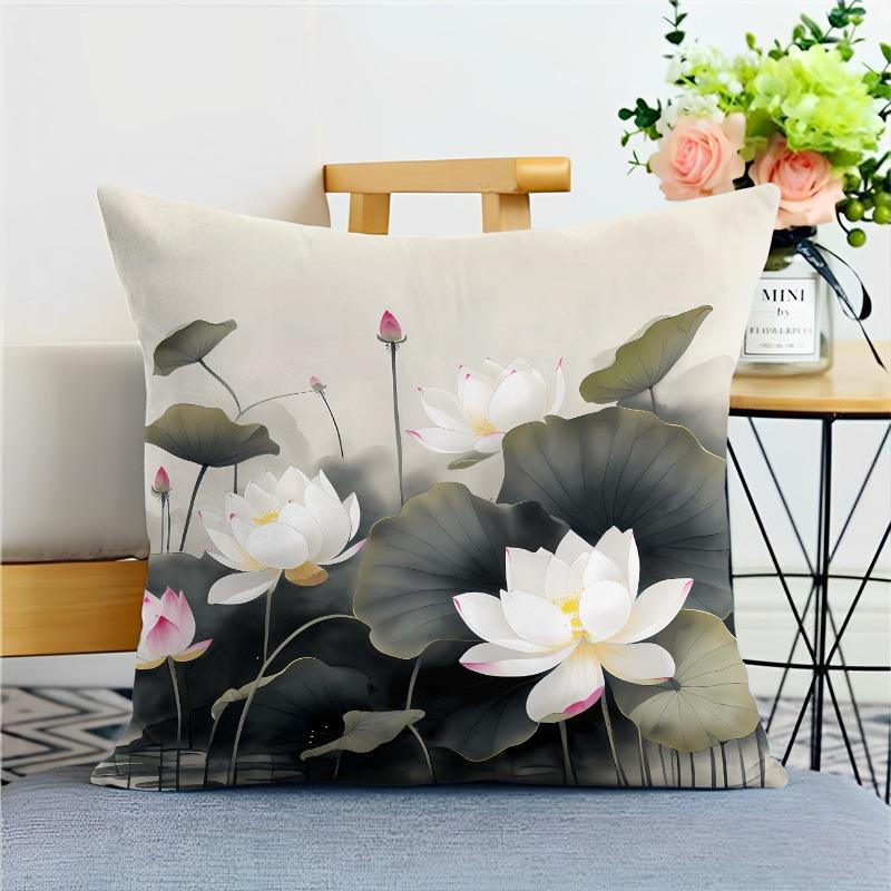Chinese Style Ink Lotus Pillowcase Dormitory Decoration Office Living Room Home Pillowcase