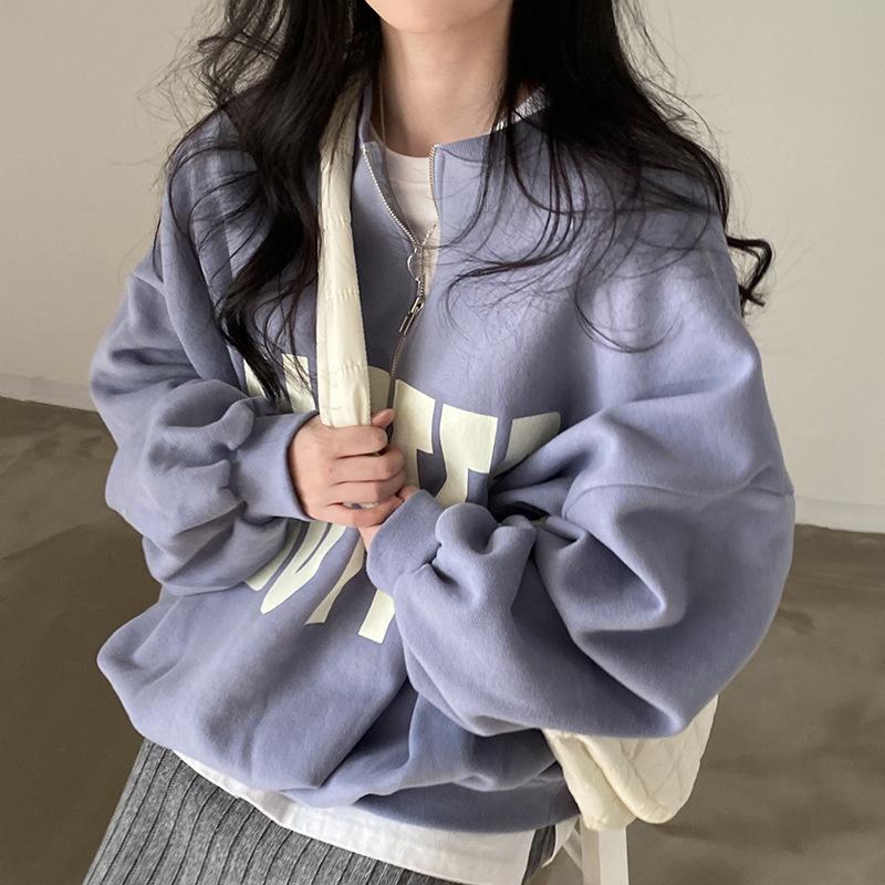 Damen Oberteil mit Stehkragen Langarm Lockerer Schnitt Halber Reißverschluss Sweatshirt mit Buchstabenaufdruck