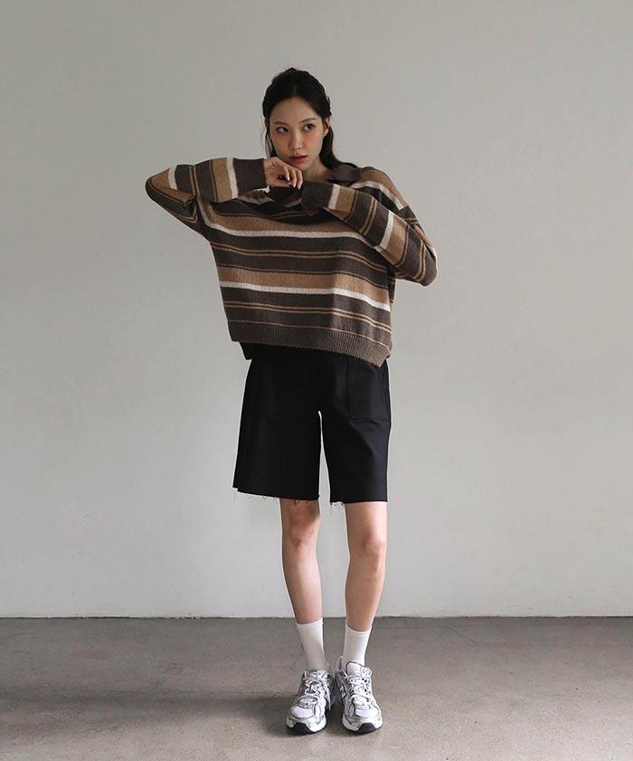 Beleunepeu Of Stripe Pullover Knit_Brown