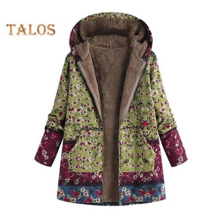 Women Winter Coat Retro Floral Print Zip Up Hooded Jacket Mid Length Plush Thick Warm Pockets Long Sleeves Daily Leisure Wear