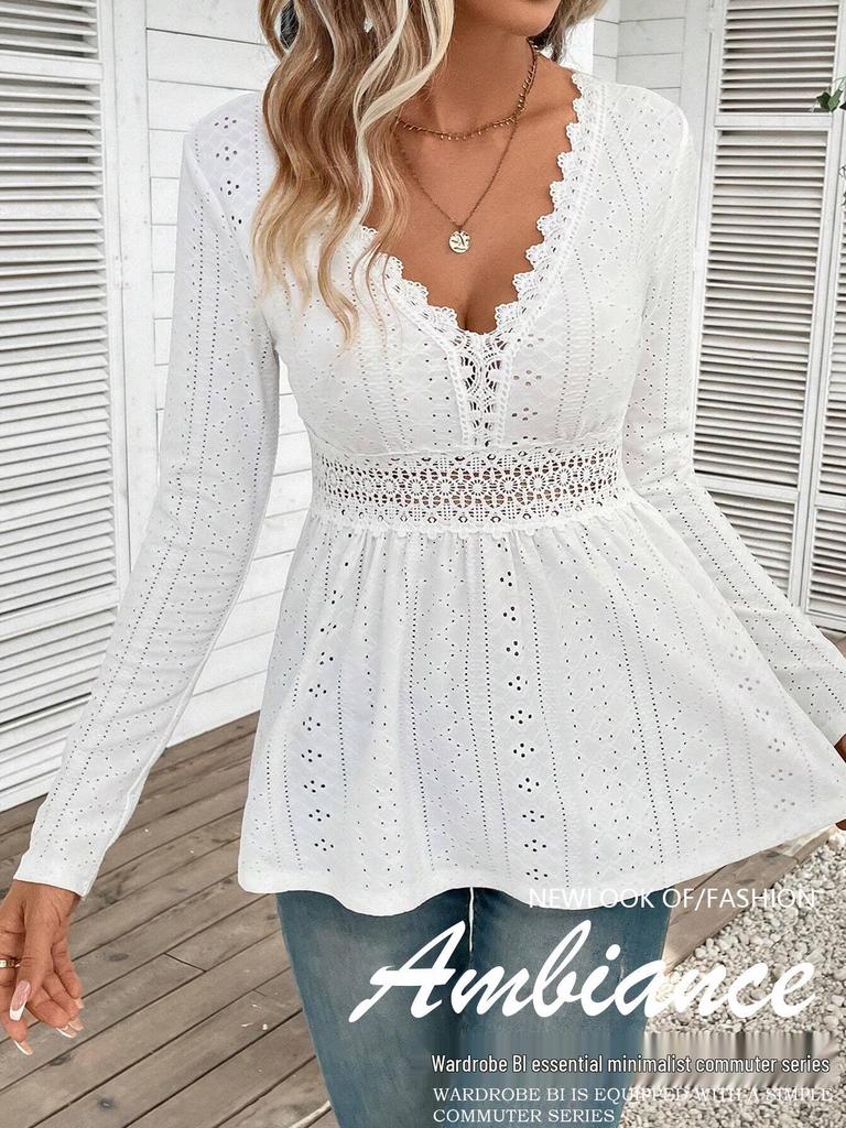 European & American Elegant V-Neck Lace Spliced Long-Sleeve Top for Women - Autumn 2025 Collection