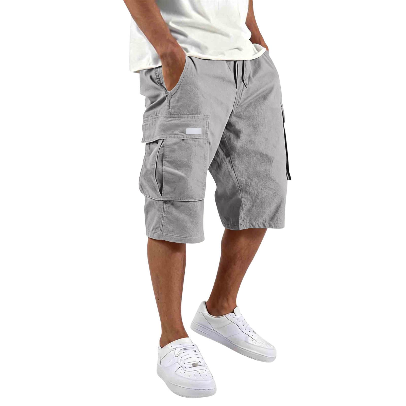 Herren lockere Cargoshorts mit mehreren Taschen, Kordelzug-Taille, lässige knielange Baumwollshorts für den Alltag XXL gray