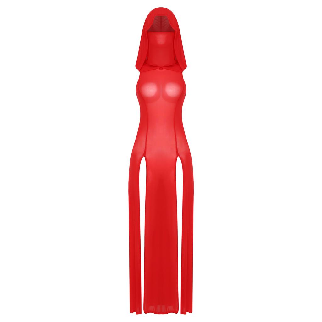 Women Sleeveless Gothic Hooded Dress High Split Sheer See-through Long Rave Night Club Outfit