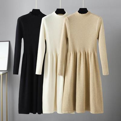 Mulheres outono inverno gola alta manga comprida cor sólida vestidos de camisola de malha