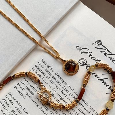 Natural Tiger's Eye Stone Sweater Necklace Women's Light Luxury Niche High-end Double-layer Stacked Neck Chain Maillard Autumn and Winter Accessories