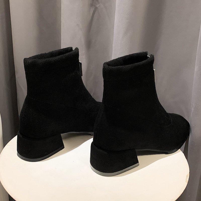 

Осенние новые эластичные женские короткие сапоги на толстом каблуке с молнией спереди женские туфли с квадратным носком черные замшевые женские ботинки Femininas 40 чёрный