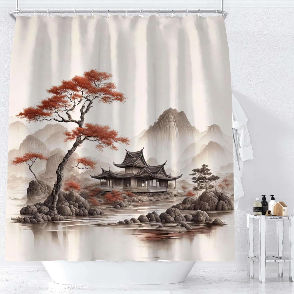 YWJHUI Polyester Shower Curtain - Chinese Ink Landscape: Serene Mountains & Stream, Nature-Inspired Decor, Easy-Install Hooks