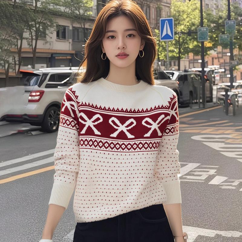 New Arrival: Women's Soft Knit Bow Jacquard Sweater with Round Neck and Long Sleeves