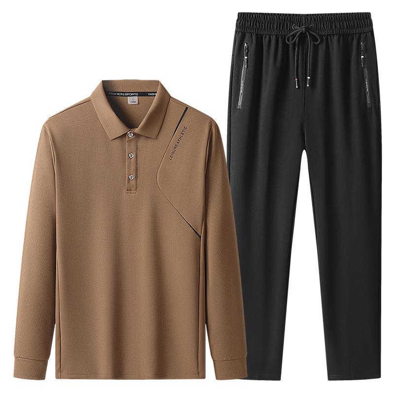 Men's Plus Size Long Sleeve Polo Shirt & Pants Set - Autumn/Winter Warmth for Middle-Aged