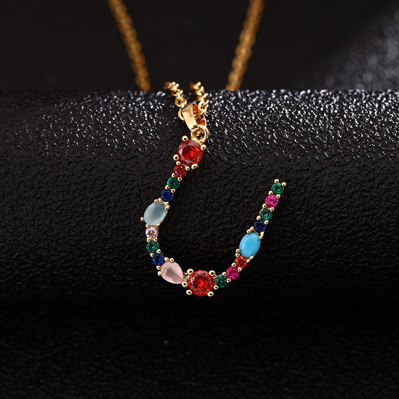 Colier de cupru pentru femei, cu 26 de litere, cu zircon colorat, agat și lanț din oțel inoxidabil