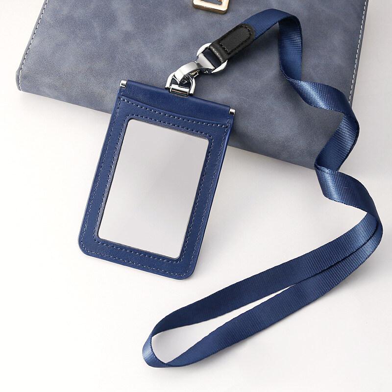 2-Sided Transparent Window Badge Holder ID Business Work Card Holders Genuine Leather Card Case with Lanyard (Can Hold 4 Cards )