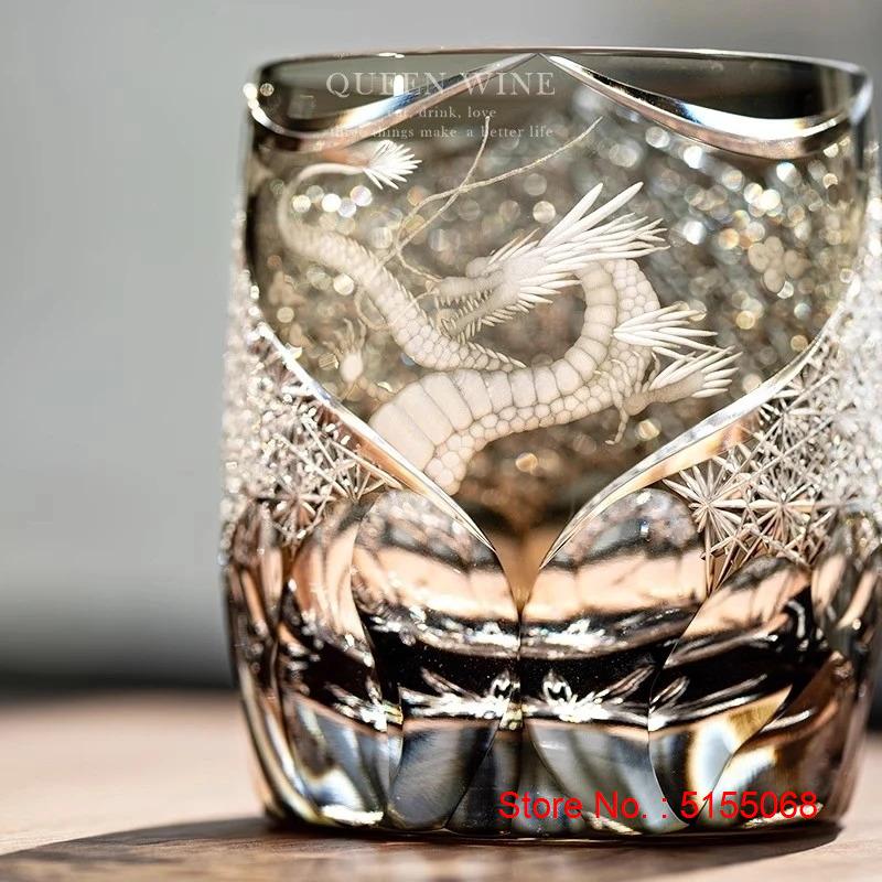 Chinese Style Loong Edo Kiriko Whiskey Glass Hand Engraved Dragon Amber Crystal Brandy Xo Rock Wine Snifter Whisky Cup Gift Box