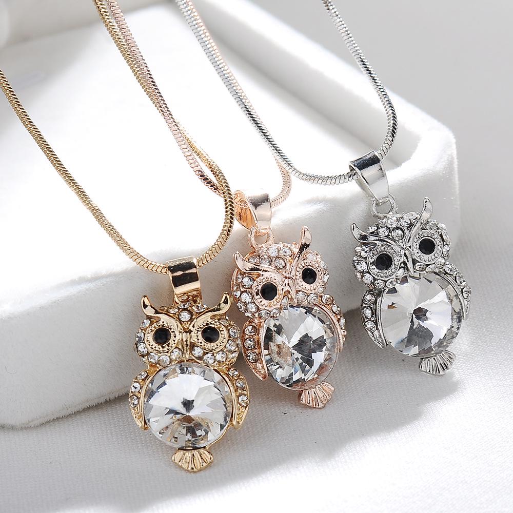 European & American Rhinestone Crystal Owl Necklace Sweater Chain